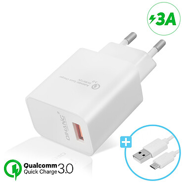 Chargeur secteur USB 3A Qualcomm Quick Charge 3.0 Câble Micro-USB 1m Blanc