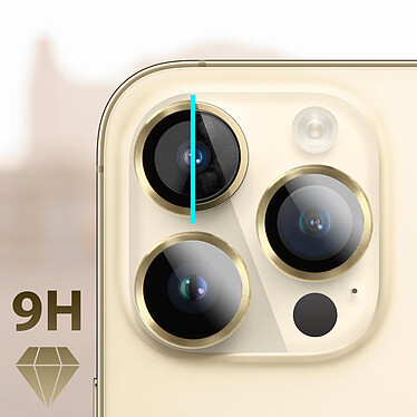 Avis Avizar Film Caméra iPhone 14 Pro et 14 Pro Max Dureté 9H Contour Métal doré  Transparent