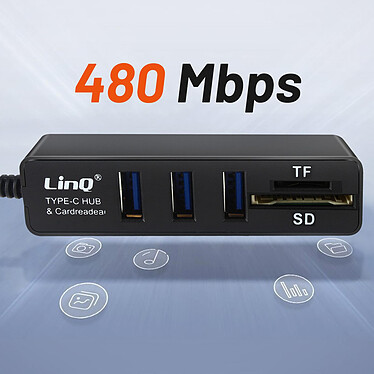 LinQ Hub USB-C 5 en 1 avec 3 Ports USB et Lecteur Carte SD / Micro-SD  Noir pas cher