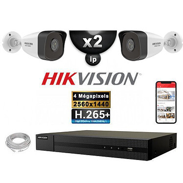 HIKVISION Kit Vidéo Surveillance PRO IP : 2x Caméras POE Tubes IR 30M 4 MP + Enregistreur NVR 4 canaux H265+ 1000 Go