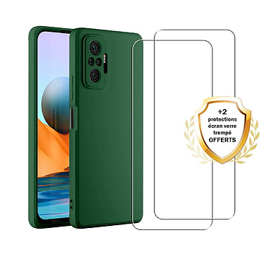 Evetane Coque Xiaomi Redmi Note 10 Pro Silicone liquide Vert Foret + 2 Vitres en Verre trempé Protection écran Antichocs