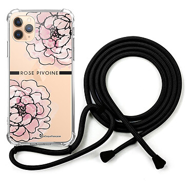 LaCoqueFrançaise Coque cordon iPhone 11 Pro noir Dessin Rose Pivoine