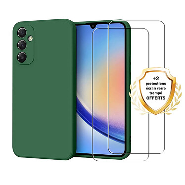 Evetane Coque Samsung Galaxy A34 Silicone liquide Verte + 2 Vitres en Verre trempé Protection écran Antichocs