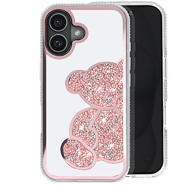 Avizar Coque Paillette pour iPhone 16 Plus Motif Ourson avec Strass Rose