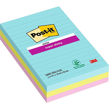 POST-IT Lot de 3 blocs Notes Super Sticky POST-IT® couleurs MIAMI 90 feuilles lignées 101 x 152 mm