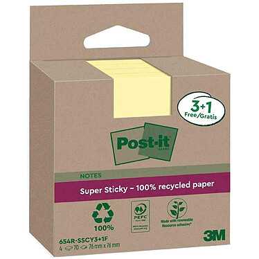 POST-IT Super Sticky Recycling Notes, 4x70 feuilles 76 x 76 mm, jaune