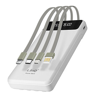 LinQ Batterie Secours 15000mAh Câble 4 en 1 Amovible et Sortie USB Compact  blanc