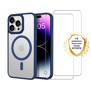 Evetane Coque iPhone 13 Pro Bleue et transparente Motif fumée Compatible Magsafe + 2 Vitres Protection ecran