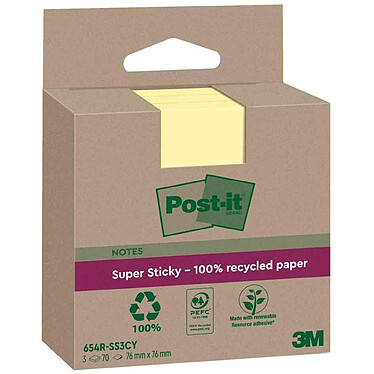 POST-IT Super Sticky Recycling Notes, 3x70 feuilles, 76 x 76 mm, jaune