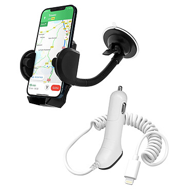 Avizar Support Voiture et Chargeur Allume Cigare Lightning Made For iPhone Intensité 1A  Noir