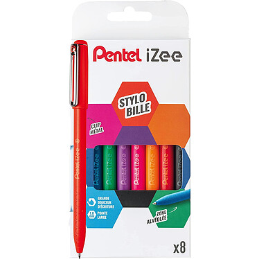 PENTEL Pochette de 8 stylos bille à capuchon IZEE, BX460 : 1 Noir, 1 x Bleu, 1 x Bleu Ciel, 1 x Vert, 1 x Violet, 1 x Rouge, 1 x Orange, 1 x Rose