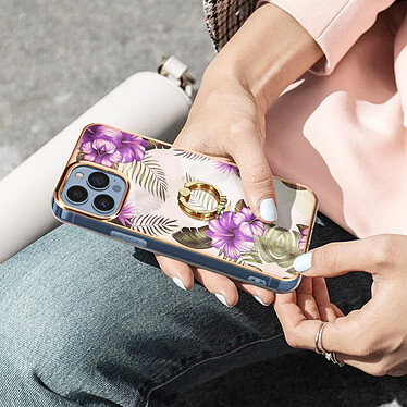 Avizar Coque iPhone 13 Pro Max Bi-matière avec Bague de Maintien Motif Fleur Violet pas cher