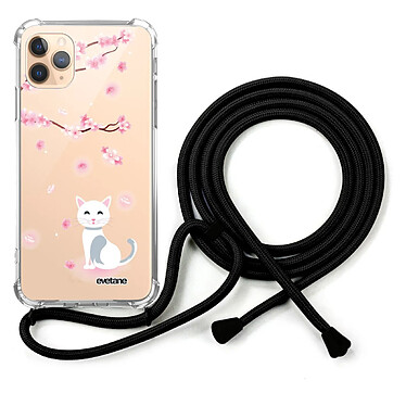 Evetane Coque cordon iPhone 11 Pro noir Dessin Chat et Fleurs