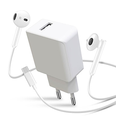 Avizar Pack Chargeur Secteur USB 2.1A et Écouteurs Filaires USB-C  Blanc