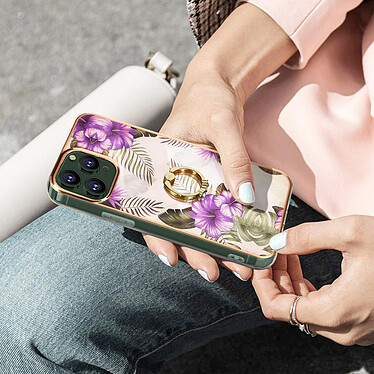 Avizar Coque iPhone 11 Pro Bi-matière avec Bague de Maintien Motif Fleurs Violet pas cher