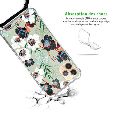 Avis LaCoqueFrançaise Coque cordon iPhone 11 Pro noir Dessin Fleurs vert d'eau