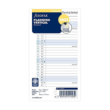FILOFAX Recharge Format Personal 2023 PLANNING ANNUEL VERTICAL BLANC FR