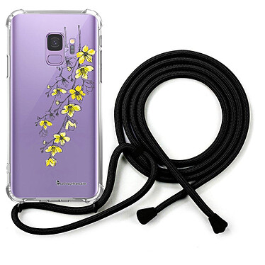 LaCoqueFrançaise Coque cordon Samsung Galaxy S9 noir Dessin Fleurs Cerisiers