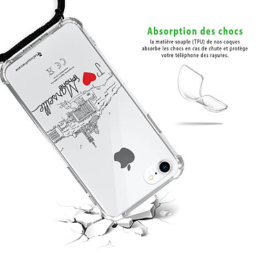 Avis LaCoqueFrançaise Coque cordon iPhone 7/8/ iPhone SE 2020 noir Dessin J'aime Marseille