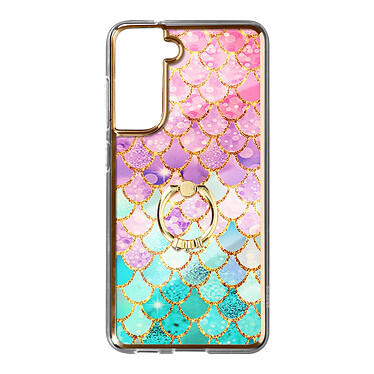 Avizar Coque pour Samsung Galaxy S21 FE Bi-matière avec Bague de Maintien à Strass Effet Bijou Motif Écaille Multicolore