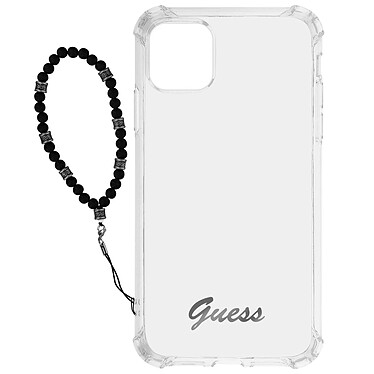 Guess Coque pour iPhone 12 et 12 Pro Antichoc Transparent Bijou à Perle Bracelet Noir