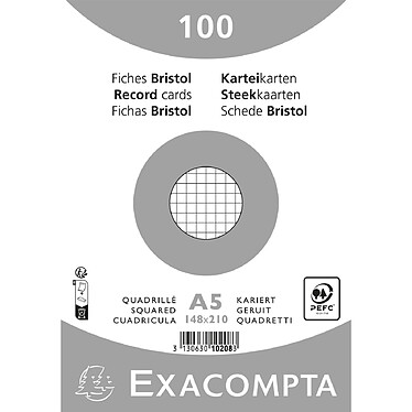 EXACOMPTA Paquet 100 Fiches Bristol Quadrillé 5x5 non Perforé 148x210mm - Blanc x 10