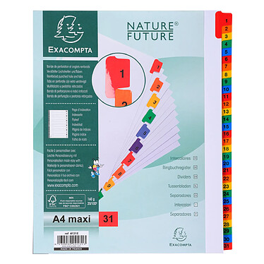 EXACOMPTA Jeu intercalaire Numérique 31 Positions A4 Maxi Carte blanche 160g Onglet couleur