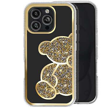 Avizar Coque Paillette pour iPhone 16 Pro Max Motif Ourson avec Strass Dorée