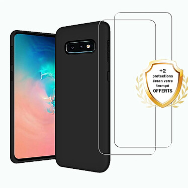 Evetane Coque Samsung Galaxy S10e Silicone Liquide Noire + 2 Vitres en Verre Trempé Protection écran