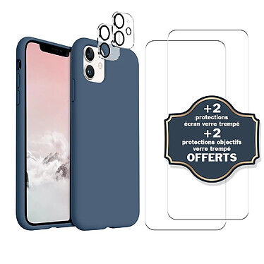 Evetane Coque iPhone 11 Bleue Silicone Liquide + 2 Protections écran et 2 protections Objectif Caméra