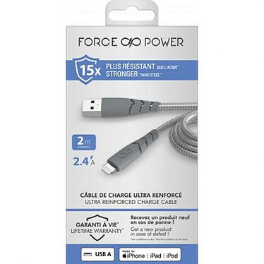 Acheter Force Power Câble Ultra-renforcé USB A/Lightning 2.4A Résistant à 50 000 flexions à 180° 2m Gris