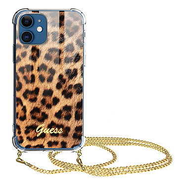 Guess Coque pour iPhone 12 et 12 Pro avec Chaîne de Cou Motif Léopard  Orange