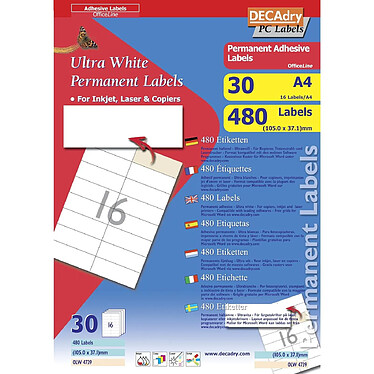 DECADRY Pochette 480 étiquettes blanches multi-usage 105 x 37,1 mm