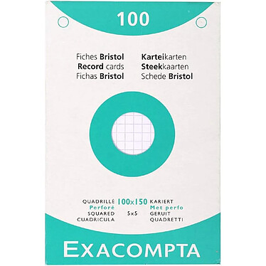 EXACOMPTA Étui de 100 fiches bristol quadrillé 5x5 perforé 100x150mm Blanc