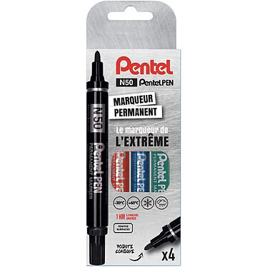 PENTEL Pochette de 4 Marqueurs permanents PENTEL PEN N50 : 1 x Noir, 1 x Rouge, 1 x Bleu, 1 x Vert