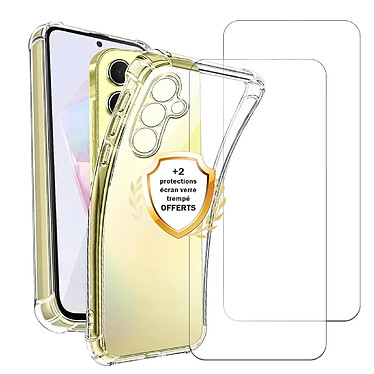 Evetane Coque Samsung Galaxy A35 Antichoc coins renforces Silicone + 2 Vitres en verre trempe Protection ecran