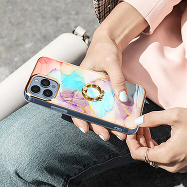 Avizar Coque iPhone 13 Pro Bi-matière avec Bague de maintien Motif marbre Bleu et rose pas cher