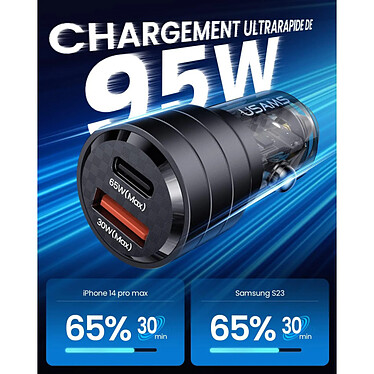 Avis Usams Chargeur Voiture Ultra-rapide 95W USB-C PD 65W+USB-A QC 30W avec Parasurtenseur Noir transparent