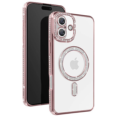 Avizar Coque Diamant pour iiPhone 16 Protection MagSafe Contour Strass Rose Champagne