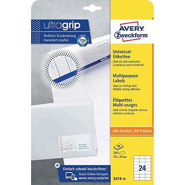 AVERY 240 étiquettes multi-usages, 70 x 37 mm, blanc