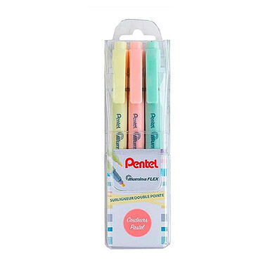 PENTEL Pochette pentel de 3 surligneurs bi-pointe slw11p jaune, orange et vert pastel