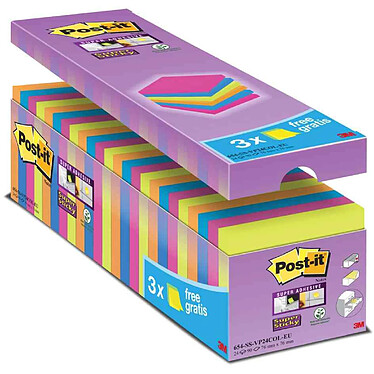 POST-IT Lot de 24 Blocs de Notes Repositionnables Super Sticky 76 x 76 mm Néon