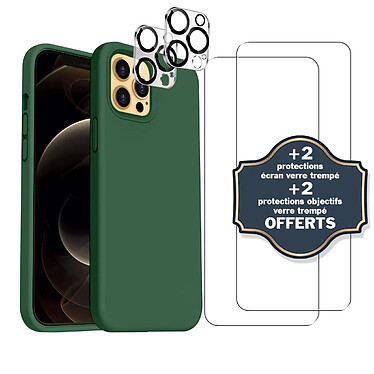 Evetane Coque iPhone 12 Pro Vert Foret Silicone Liquide + 2 Protections écran et 2 protections Objectif Caméra