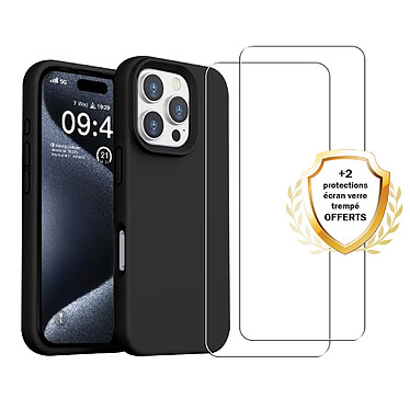 Evetane Coque iPhone 16 Pro Max Silicone liquide Noire + 2 Vitres en Verre trempe Protection ecran Antichocs