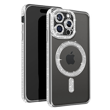 Avizar Coque Diamant pour iPhone 15 Pro Max Protection MagSafe Contour Strass Argent