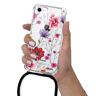 Evetane Coque cordon iPhone 7/8/ iPhone SE 2020 noir Dessin Fleurs Multicolores pas cher