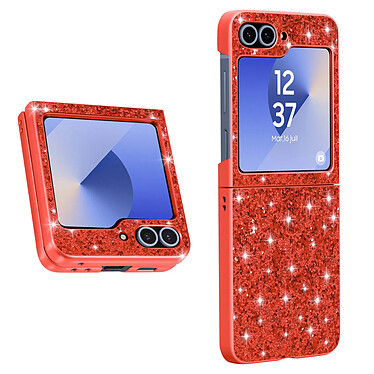 Avizar Coque Paillette pour Samsung Z Flip 6 Dos Rigide Contour Souple Rouge