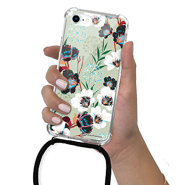 LaCoqueFrançaise Coque cordon iPhone 7/8/ iPhone SE 2020 noir Dessin Fleurs vert d'eau pas cher