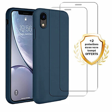 Evetane Coque iPhone XR Silicone liquide Bleu Marine + 2 Vitres en Verre trempé Protection écran Antichocs