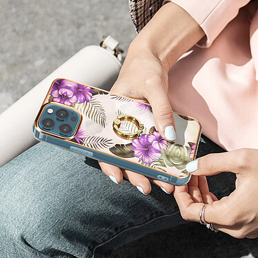 Avizar Coque iPhone 12 Pro Max Bi-matière avec Bague de Maintien Motif Fleurs Violet pas cher